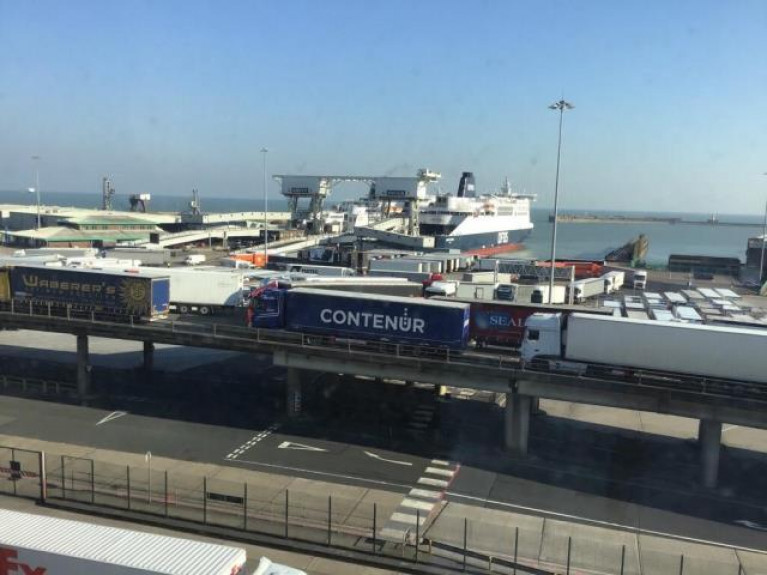 Rows of trucks at the Port of Dover, the UK&#039;s busiest ferryport which forms part fo the UK &#039;land-bridge&#039;