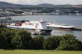 Ropax Ben-My-Chree and fastferry Manannan Afloat adds berthed at the operators homeport of Douglas, Isle of Man 