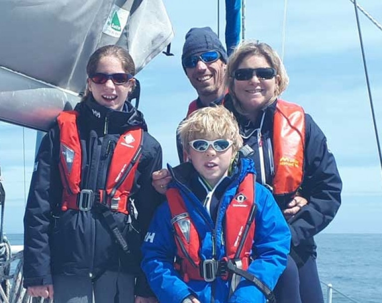 Getting started. The Quinlan-Owens family sport the shades in hopeful anticipation as they depart a largely sunless Ireland in June 2019 on the Atlantic Circuit cruise