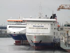 Belfast routes to Scotland and England are served by seven Stena ships, among them above a freight ferry astern of Stena Lagan which operates to Liverpool (Birkenhead) on Merseyside. 