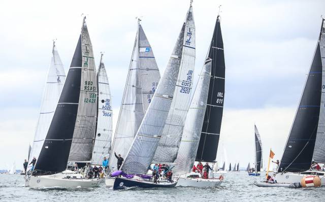 Class One competitors jostle for position at the favoured pin end of today's coastal race of the Volvo Dun Laoghaire Regatta