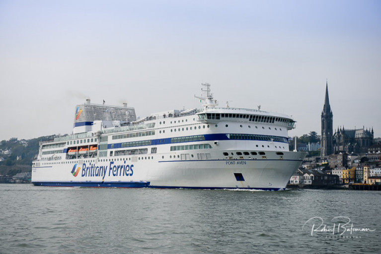 Brittany Ferries flagship cruise ferry, Pont-Aven which operates their main passenger service in­ Ireland from Cork to Roscoff.