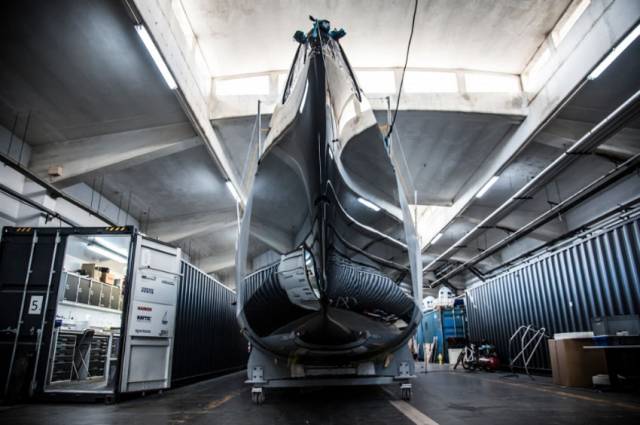 Team AkzoNobel’s new-build Volvo Ocean 65 is prepped for refitting at The Boatyard in Lisbon 