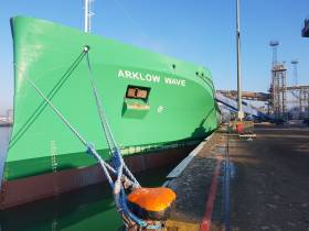 The straight stemmed bow of the newest merchant ship under the Irish flag, Arklow Wave is seen docked in the UK at the Port of Ipswich, East Anglia prior to discharging wheat in Belfast Harbour.