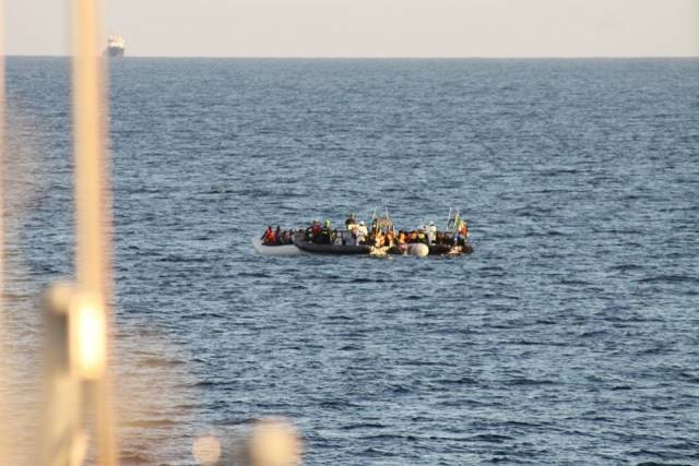 Naval Service RIBS at the scene in the Mediterranean were more than 500 migrant/refugees were rescued from rubber boats off the Libyan coast