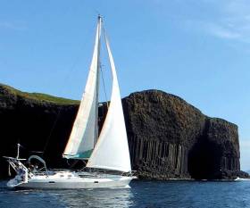 Donal Walsh’s Ovni 385 Lady Belle from Dungarvan gets the best of the summer weather off Fingal’s Cave in the cliffs of Staffa in the Hebrides during a wide-ranging North European cruise which has been awarded the Irish Cruising Club’s premier trophy, the Faulkner Cup