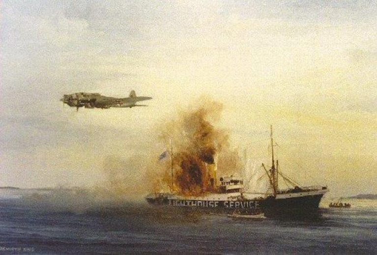 Artist Kenneth King's depiction of a German bomber over the lightship Isolda off the Wexford coast on December 19th, 1940. Six Dun Laoghaire men died and 22 survived