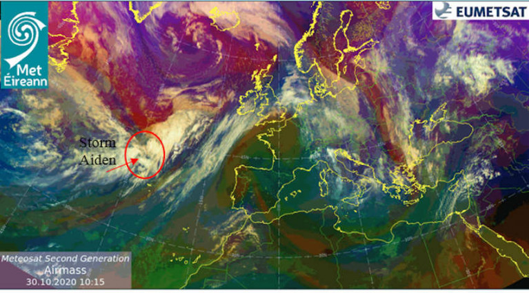 Satellite image of Storm Aiden’s track towards Ireland
