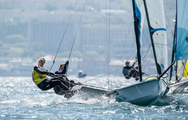 Dun Laoghaire's Saskia Tidey of the Royal Irish Yacht Club on the wire in Weymouth