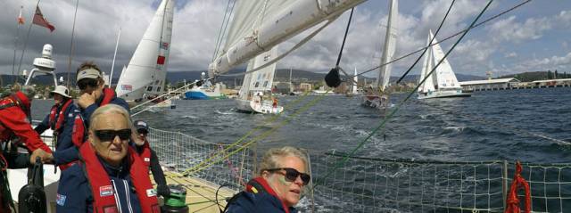 The Clipper Race fleet battles for position leaving Hobart on Friday morning